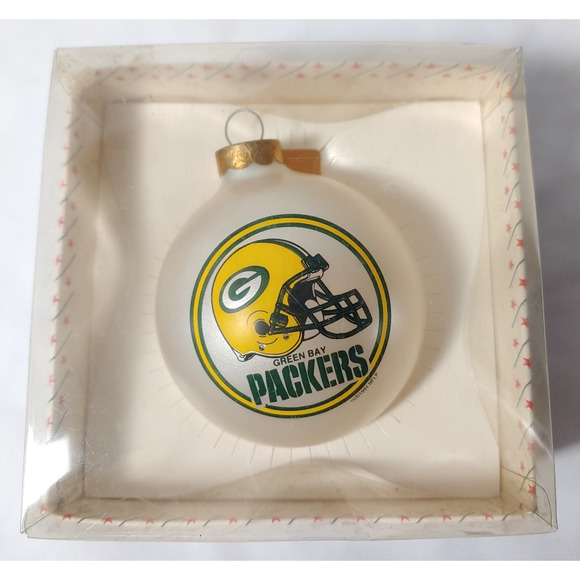 Green Bay Packers Christmas Ornament NFL Football White Glass Original Box - Picture 3 of 8